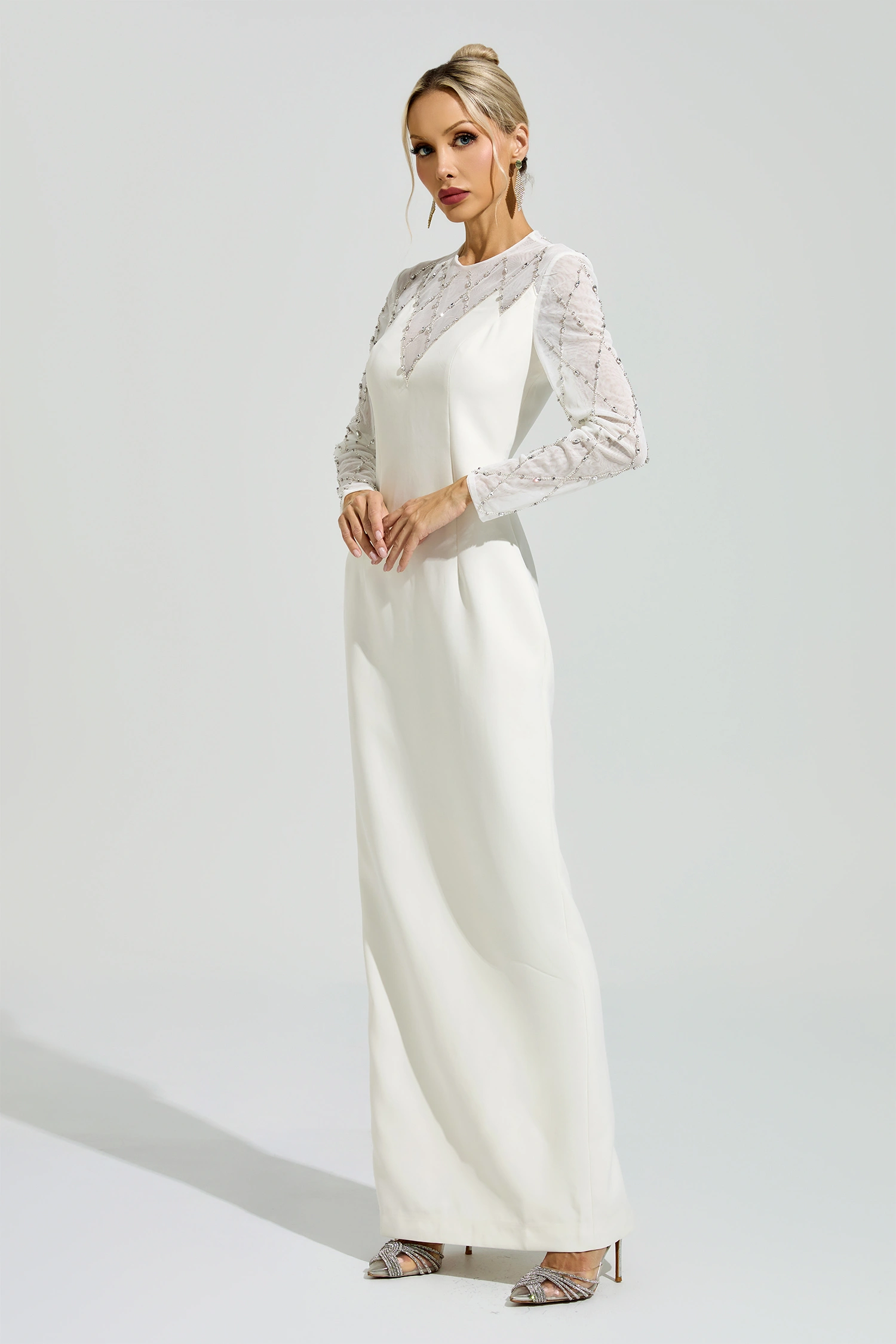 Goodall Apricot Rhinestone Mesh Evening Dress