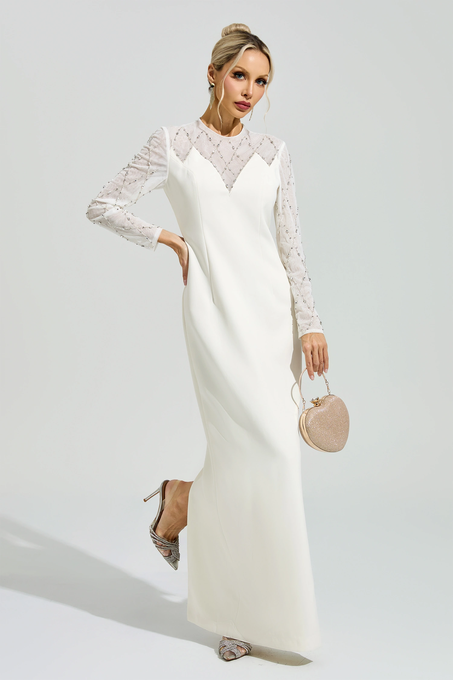 Goodall Apricot Rhinestone Mesh Evening Dress
