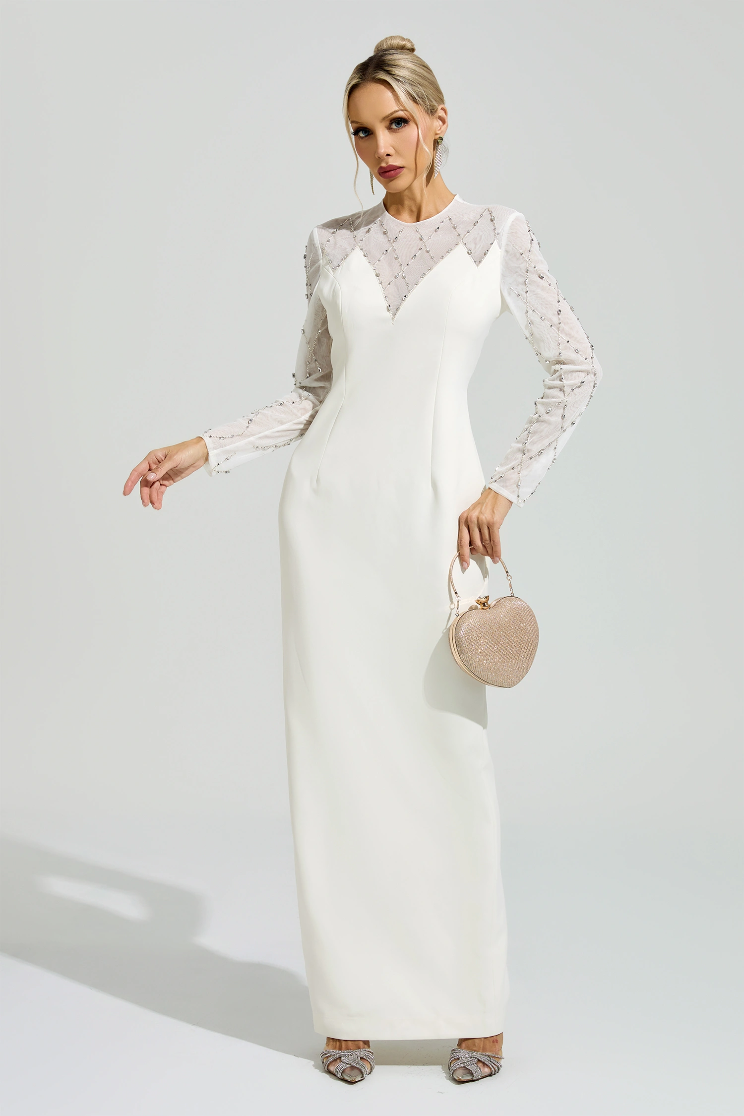 Goodall Apricot Rhinestone Mesh Evening Dress