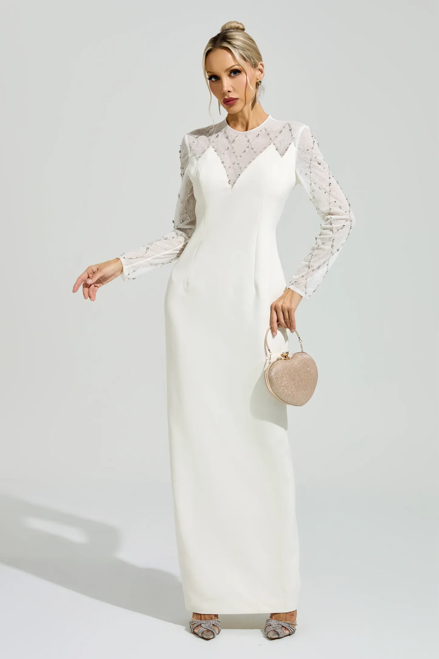 Goodall Apricot Rhinestone Mesh Evening Dress