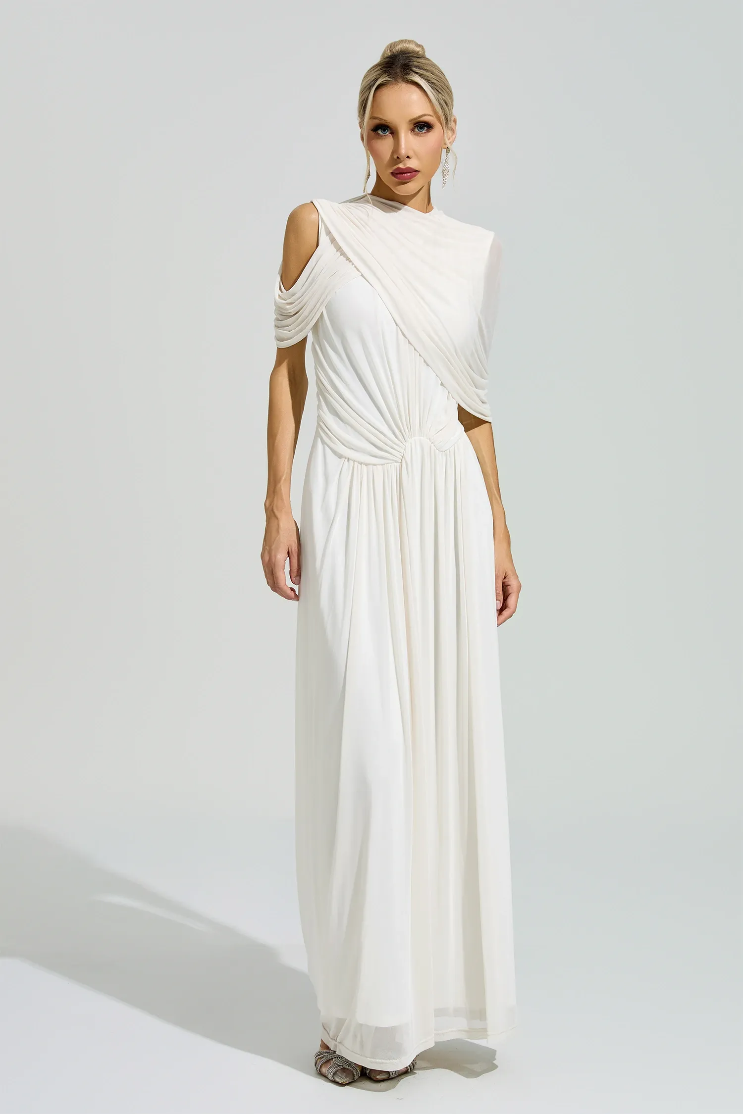 Lennon White Tulle Ruched Maxi Dress