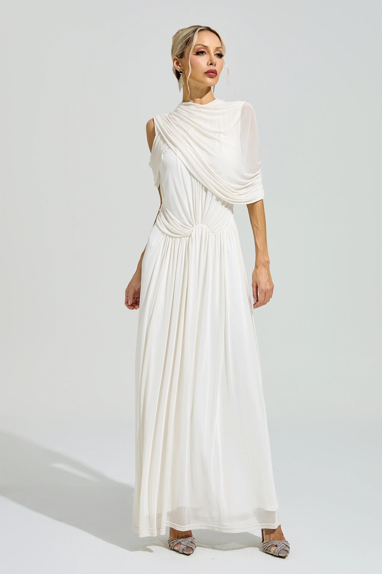 Lennon White Tulle Ruched Maxi Dress