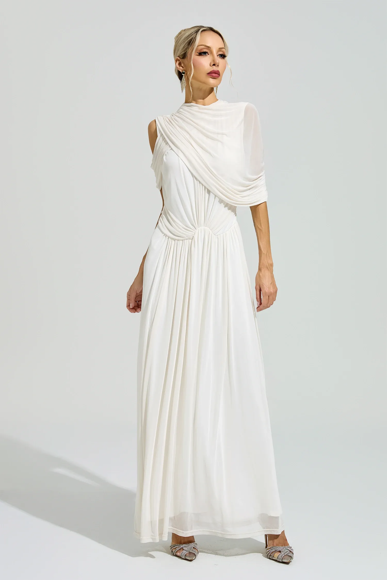 Lennon White Tulle Ruched Maxi Dress