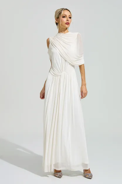 Lennon White Tulle Ruched Maxi Dress