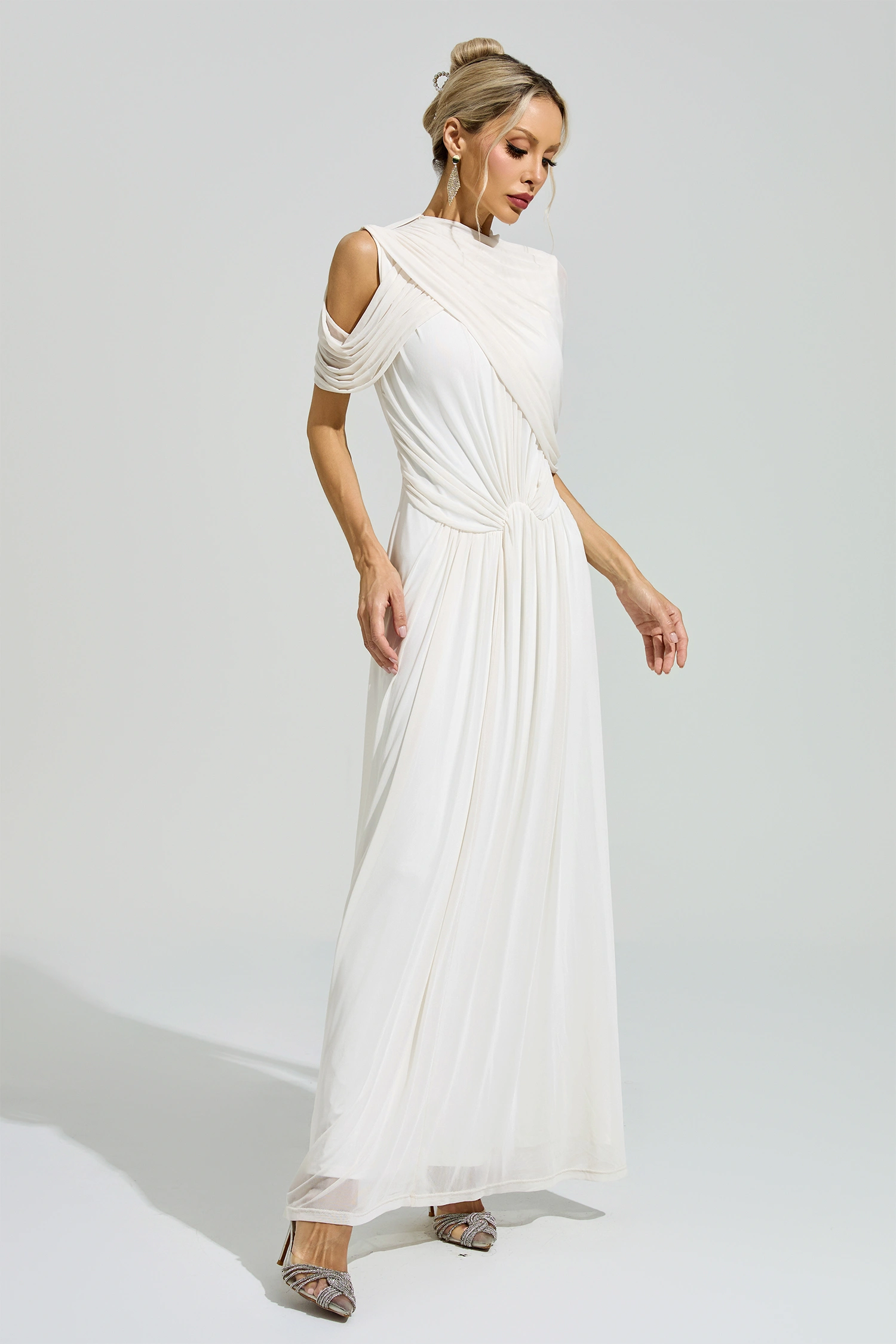 Lennon White Tulle Ruched Maxi Dress