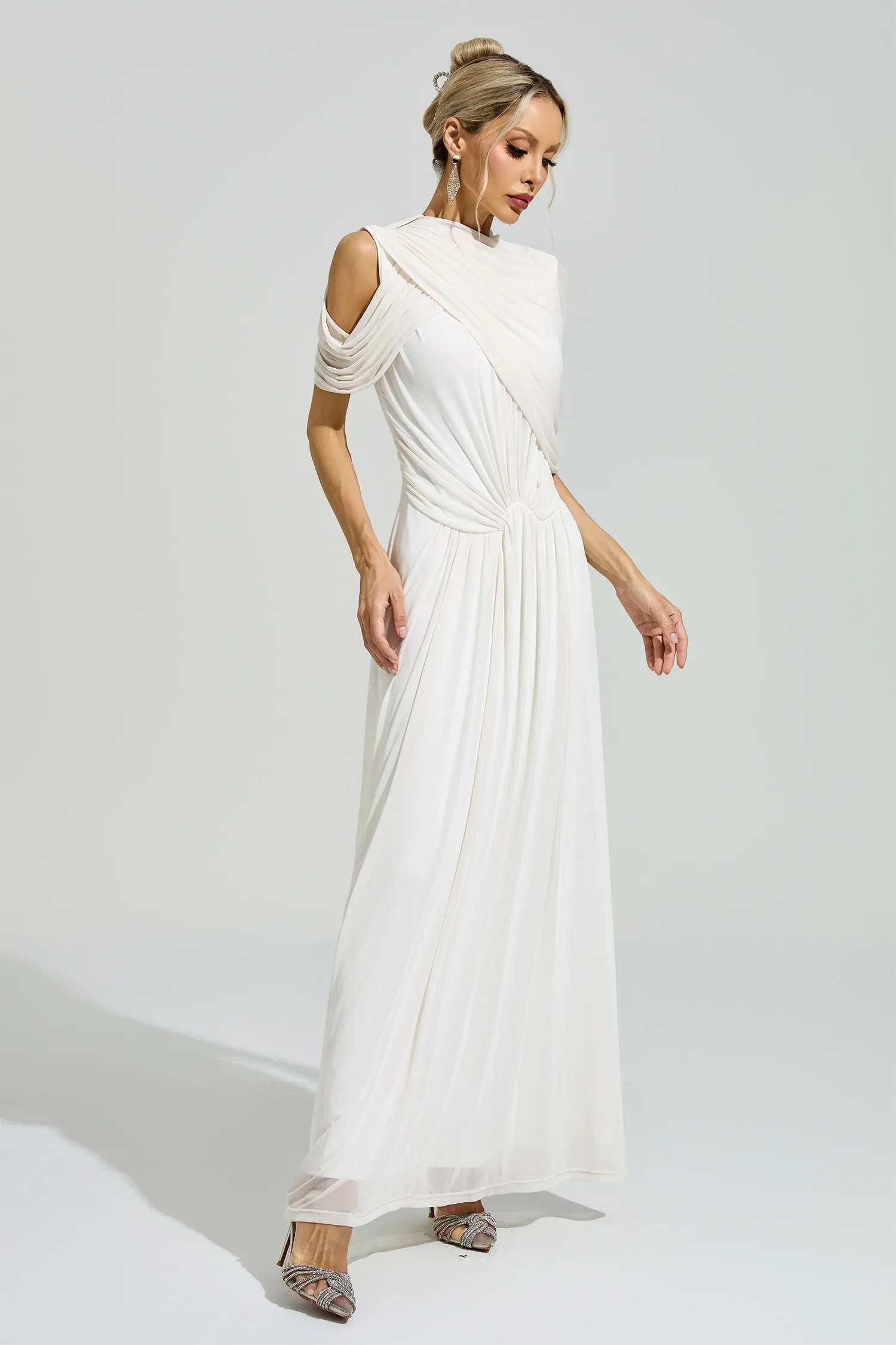 Lennon White Tulle Ruched Maxi Dress