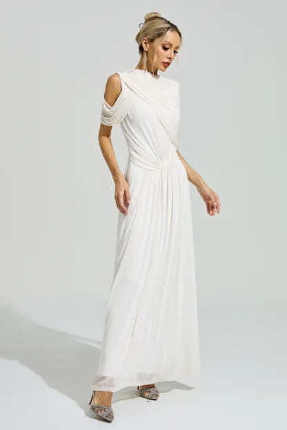 Lennon White Tulle Ruched Maxi Dress