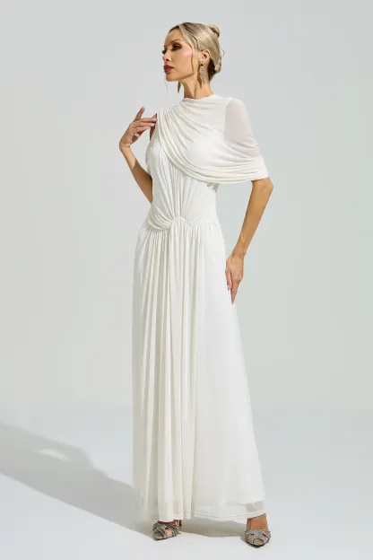 Lennon White Tulle Ruched Maxi Dress