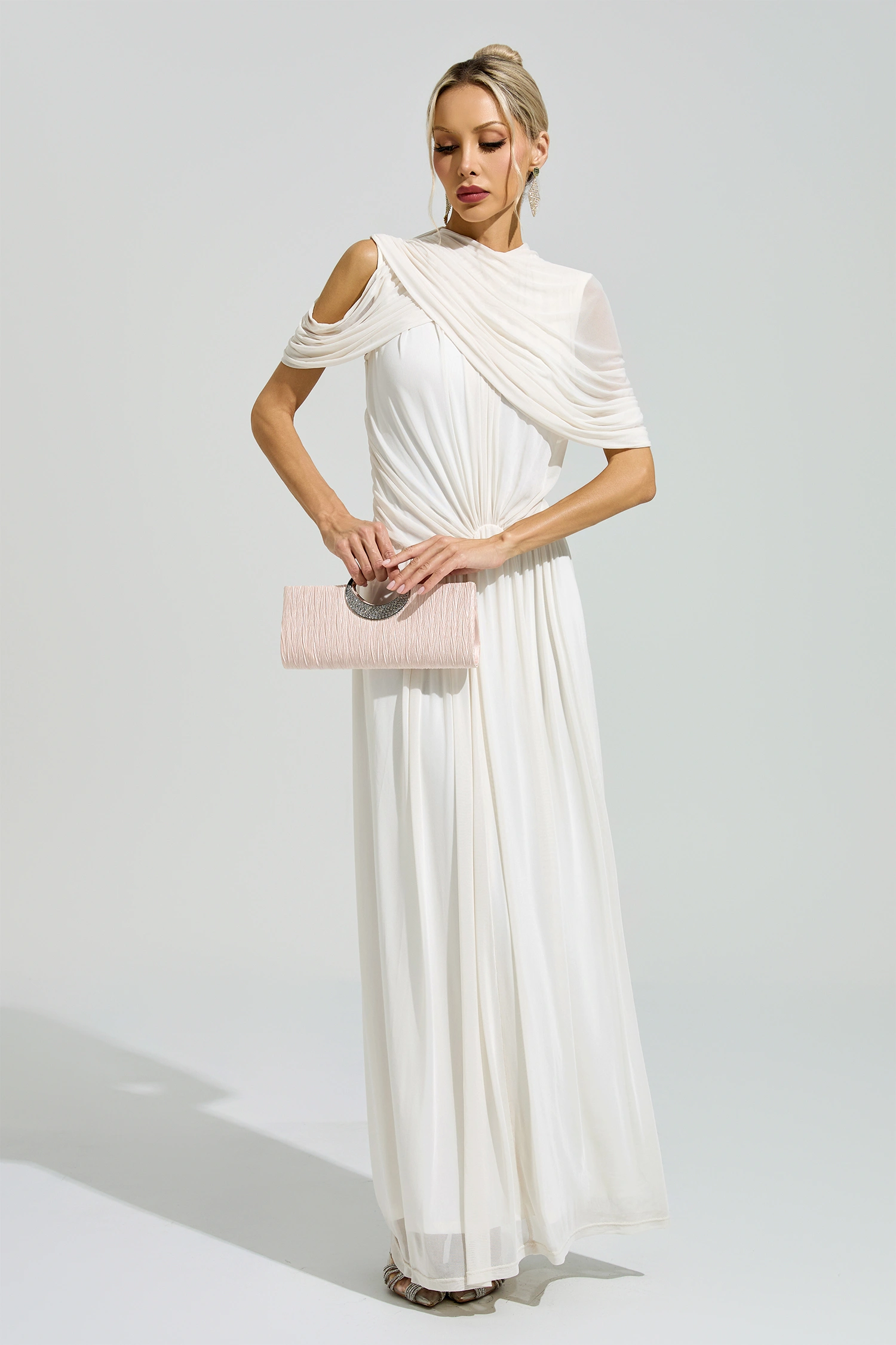 Lennon White Tulle Ruched Maxi Dress