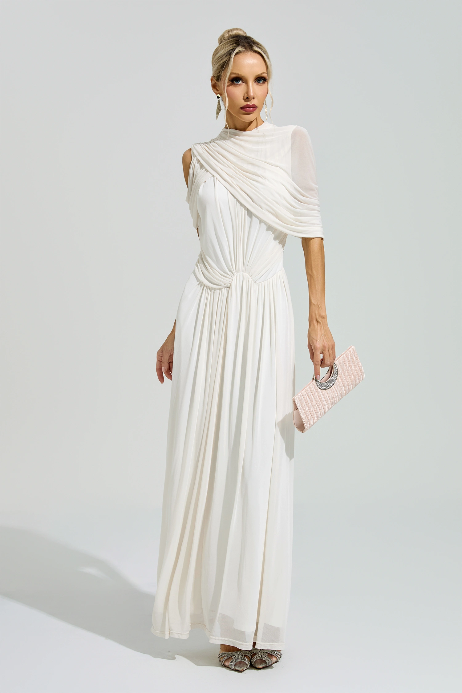 Lennon White Tulle Ruched Maxi Dress