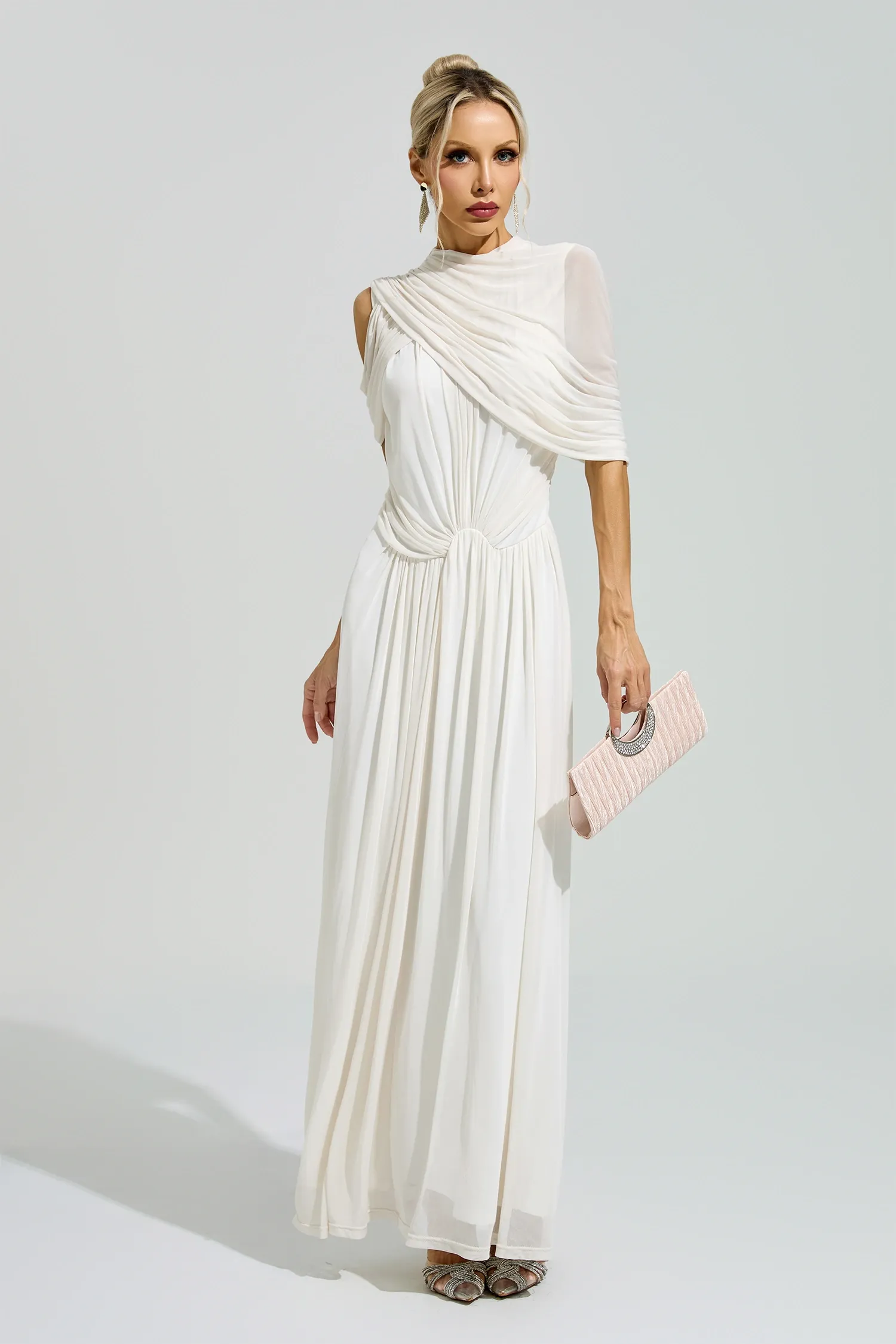 Lennon White Tulle Ruched Maxi Dress