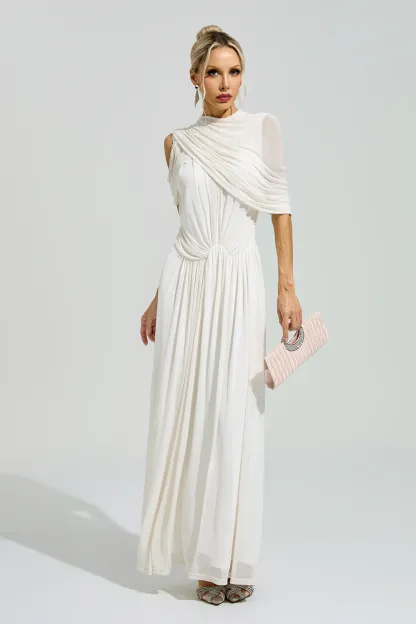 Lennon White Tulle Ruched Maxi Dress