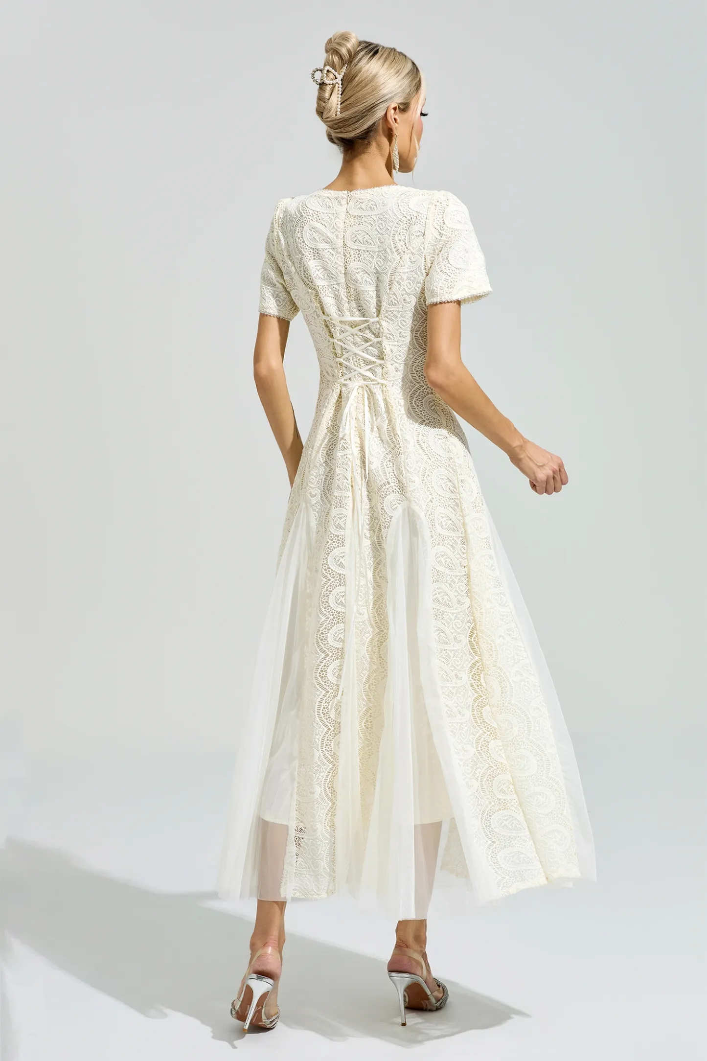 Malraux Apricot French Lace Mesh Maxi Dress