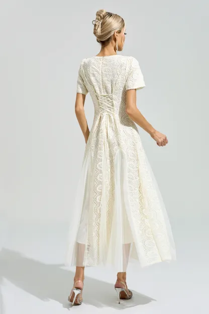Malraux Apricot French Lace Mesh Maxi Dress