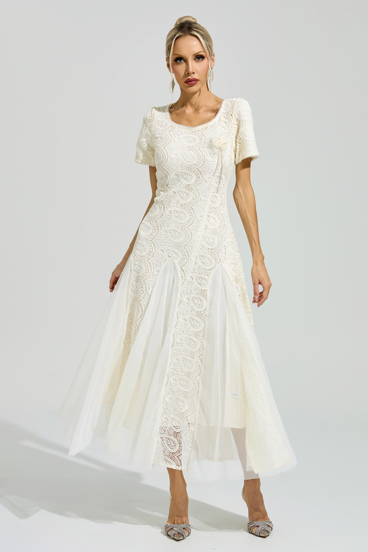 Malraux Apricot French Lace Mesh Maxi Dress