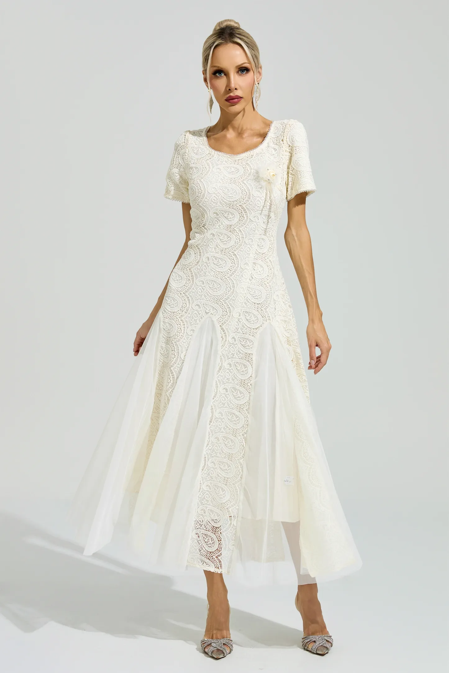 Malraux Apricot French Lace Mesh Maxi Dress