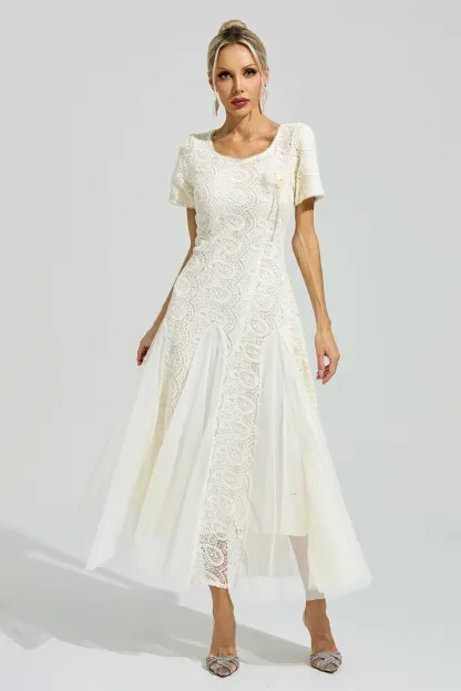 Malraux Apricot French Lace Mesh Maxi Dress