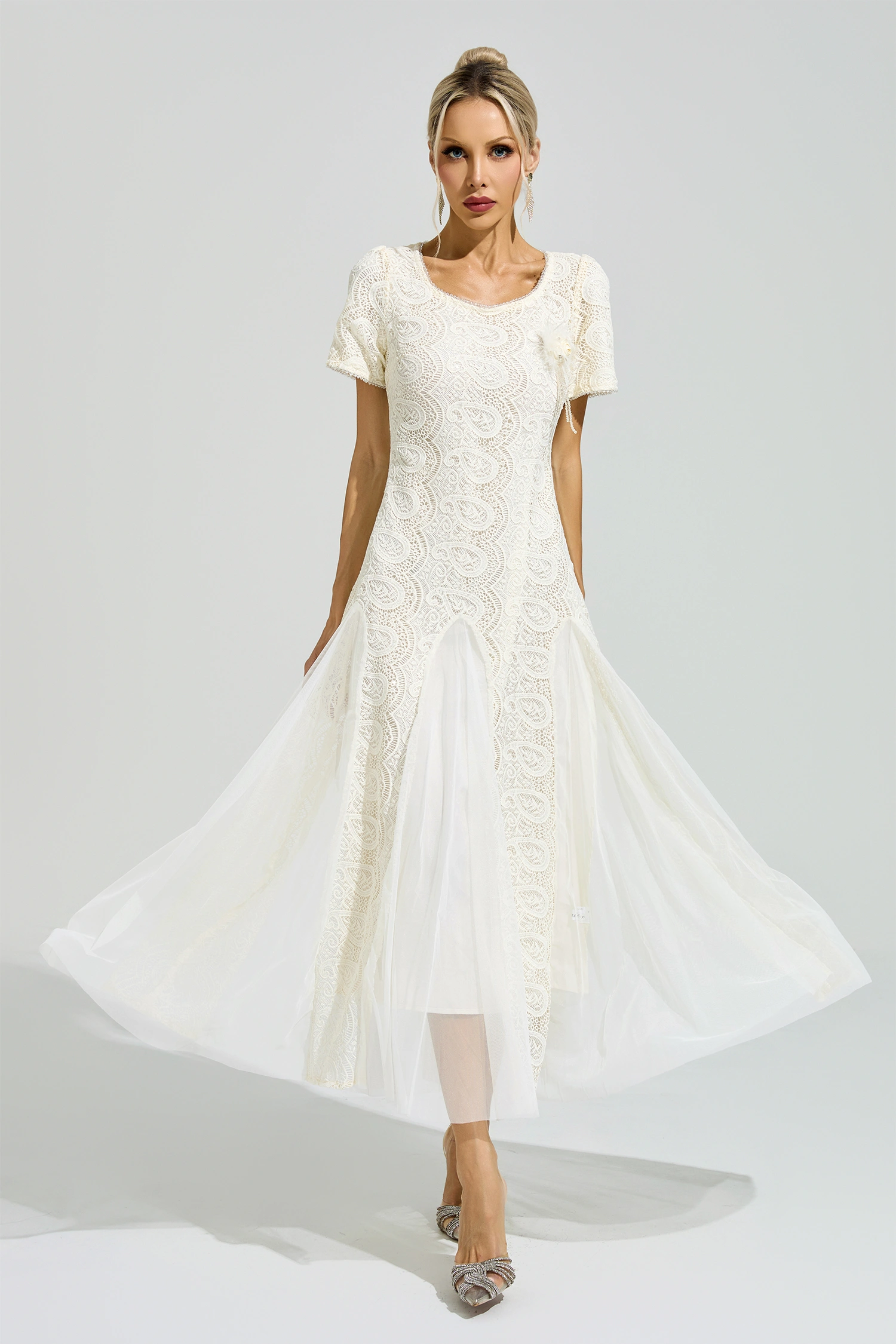 Malraux Apricot French Lace Mesh Maxi Dress