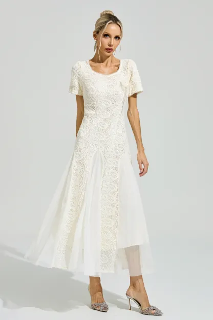 Malraux Apricot French Lace Mesh Maxi Dress