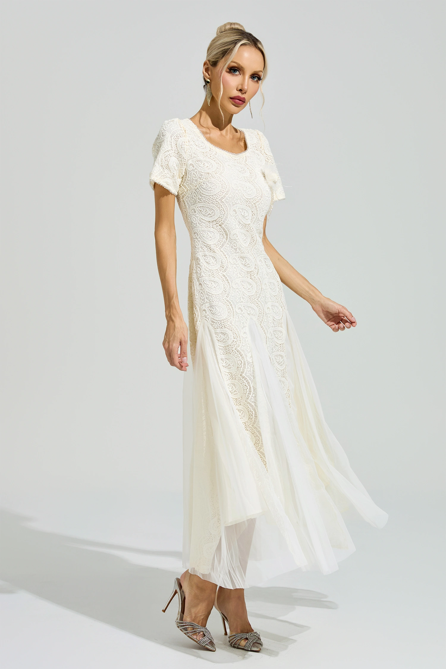 Malraux Apricot French Lace Mesh Maxi Dress