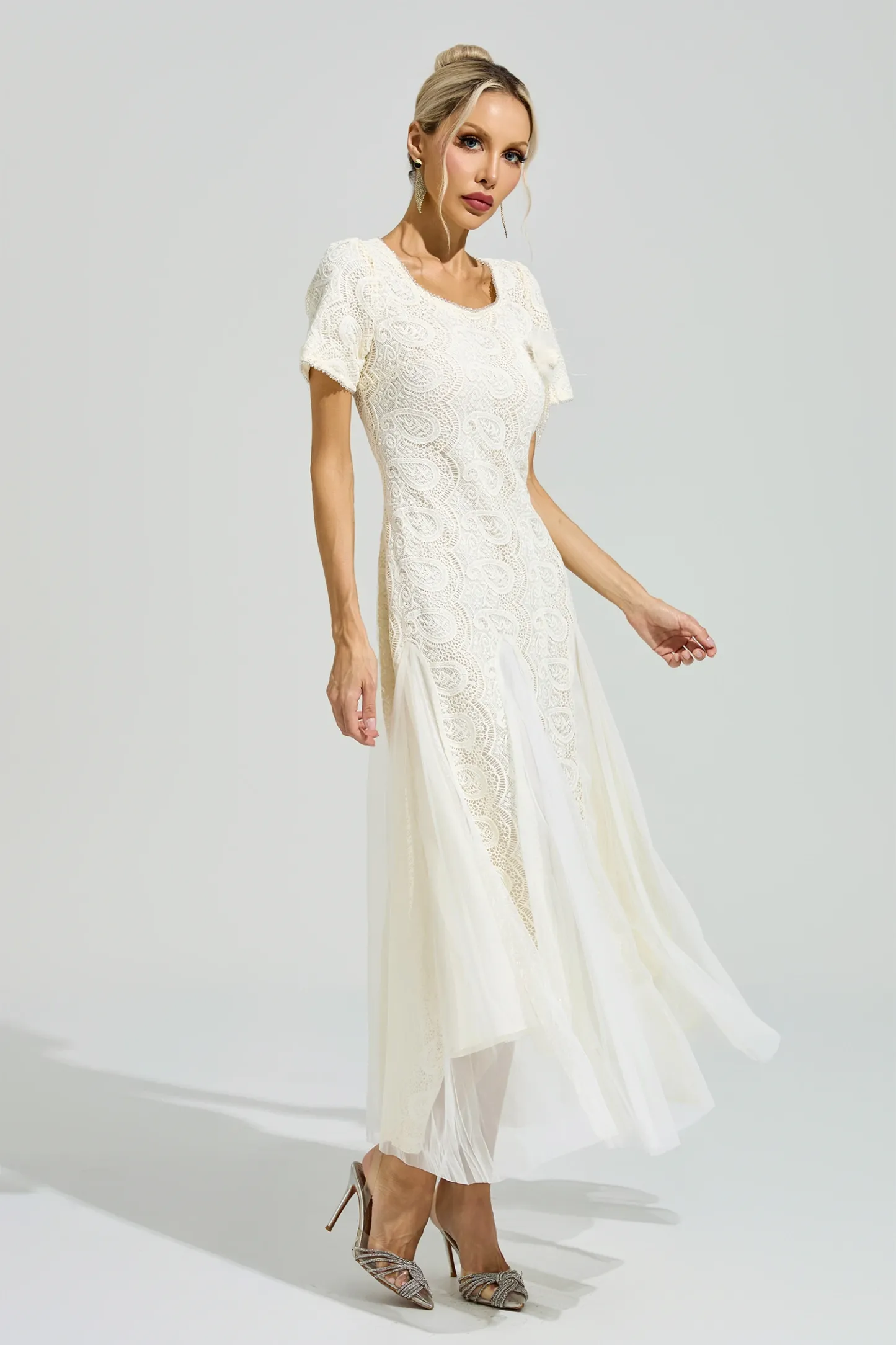 Malraux Apricot French Lace Mesh Maxi Dress
