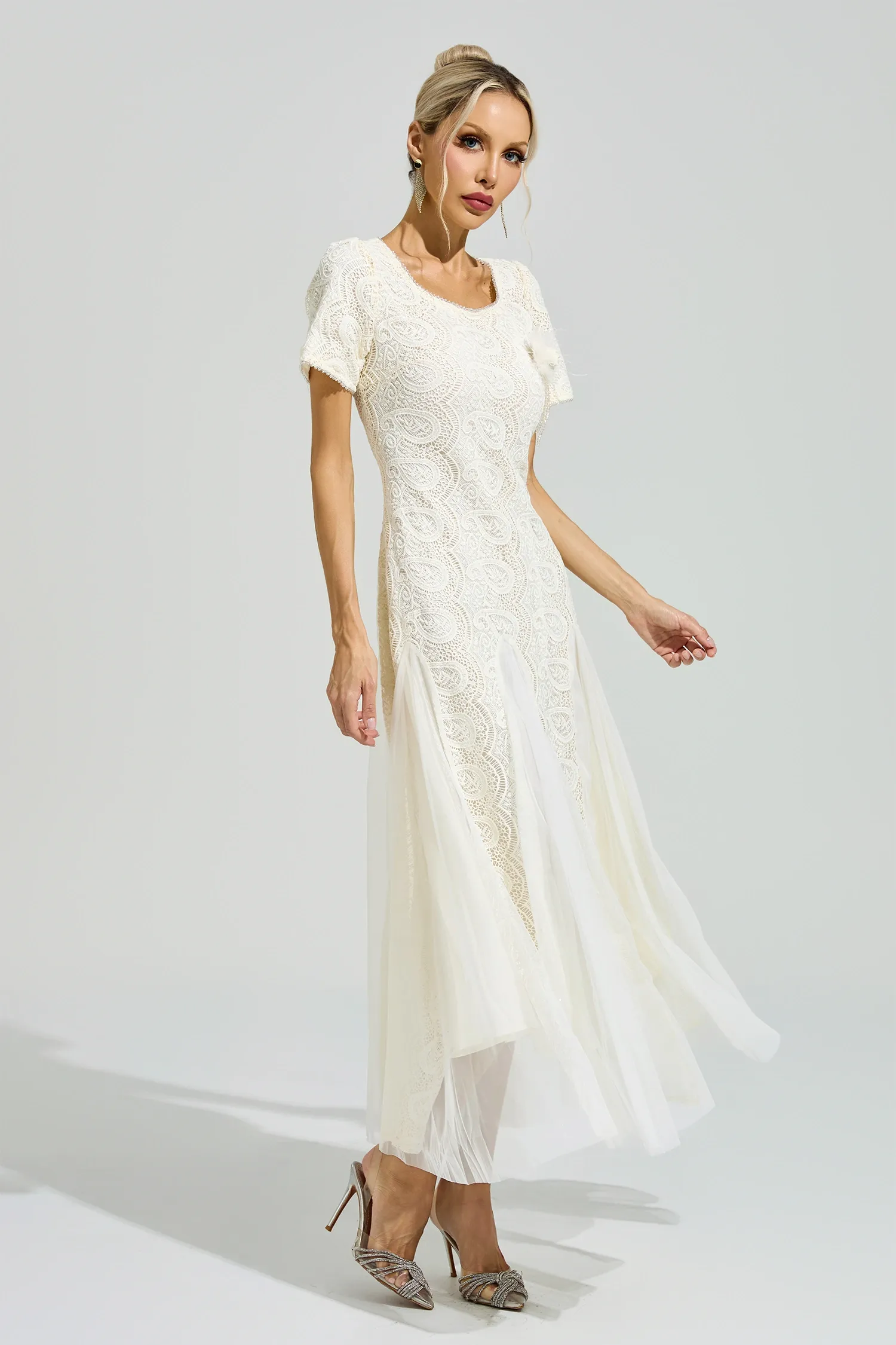 Malraux Apricot French Lace Mesh Maxi Dress