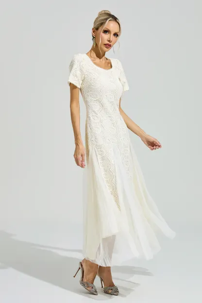Malraux Apricot French Lace Mesh Maxi Dress