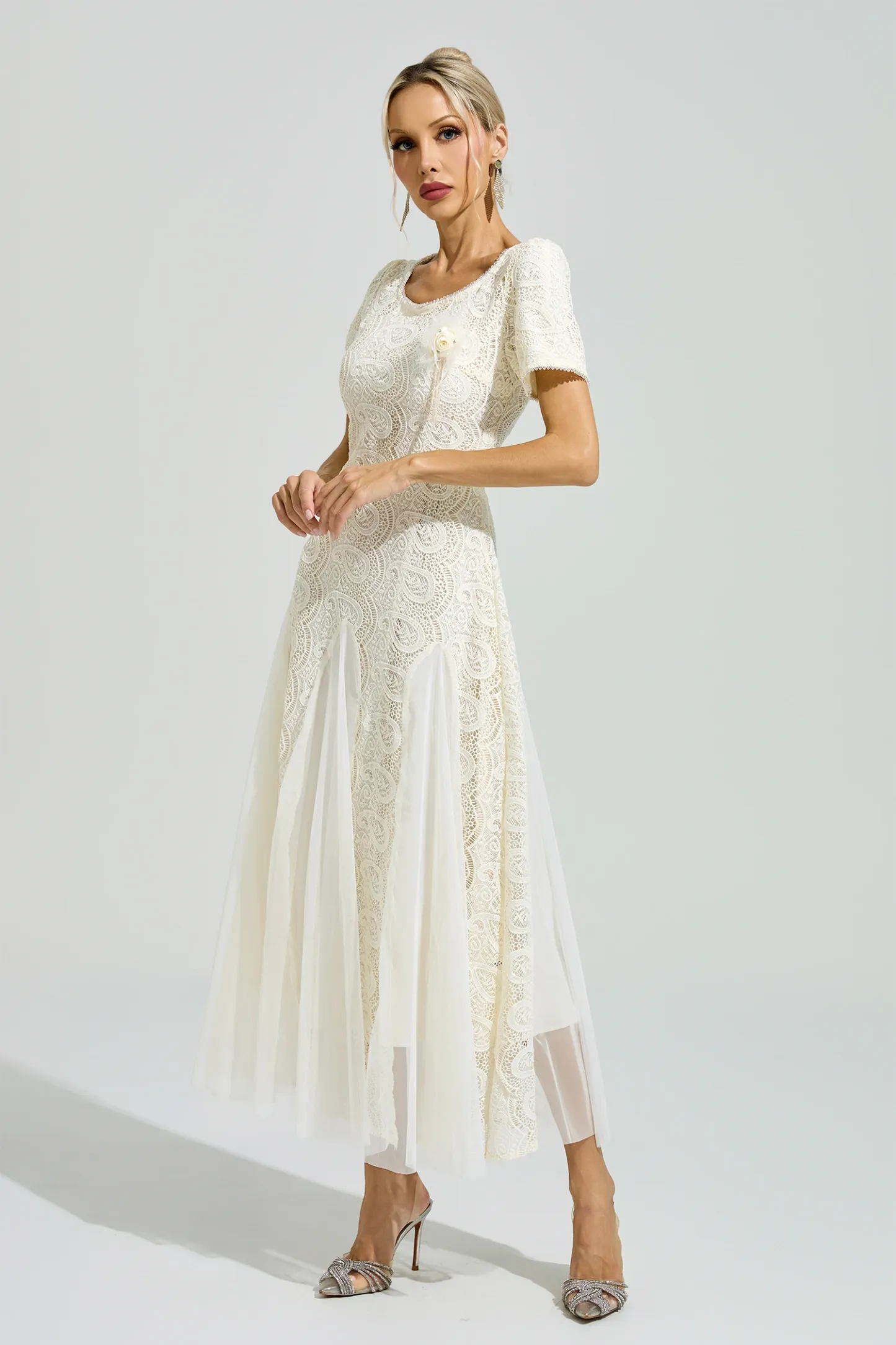 Malraux Apricot French Lace Mesh Maxi Dress