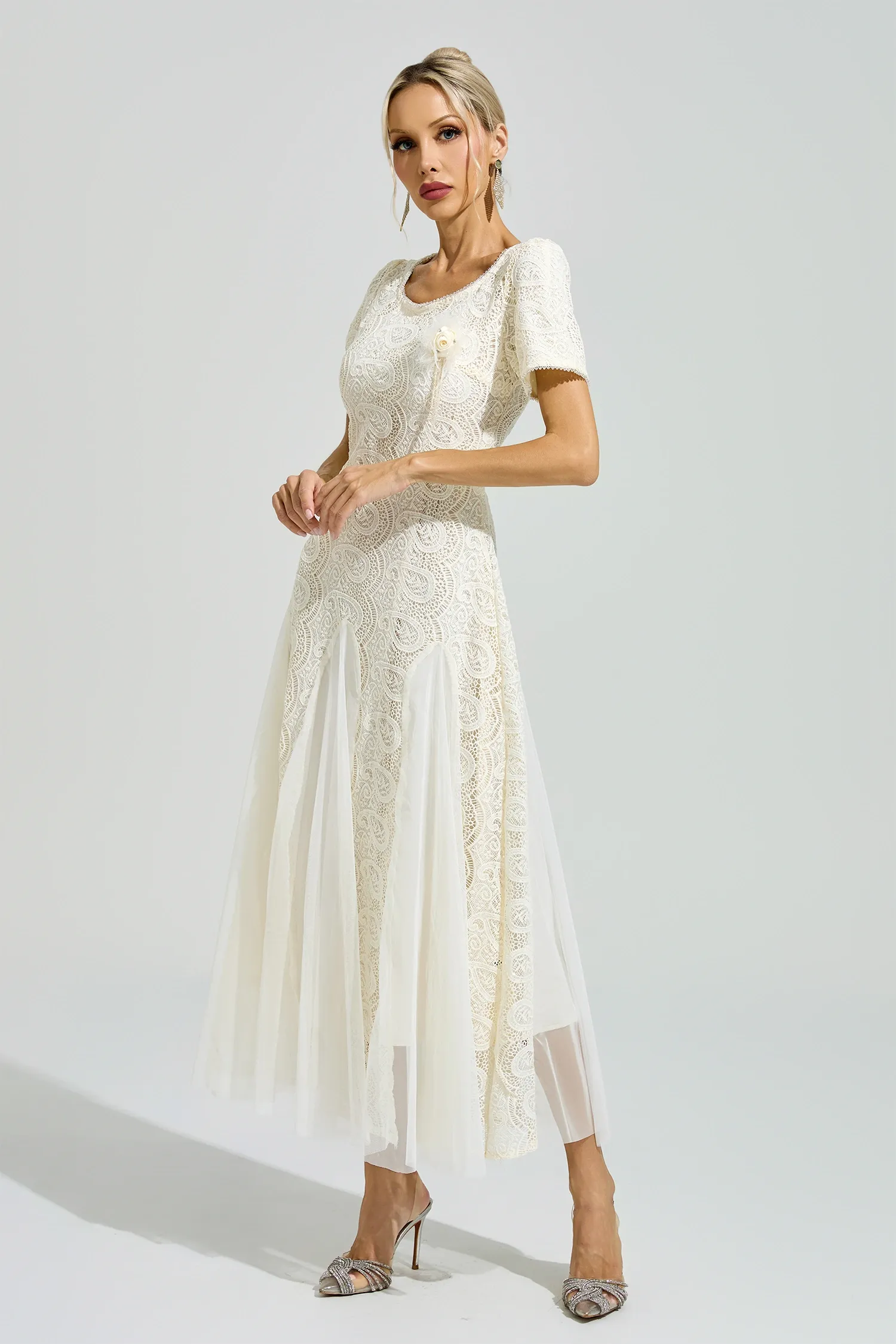 Malraux Apricot French Lace Mesh Maxi Dress