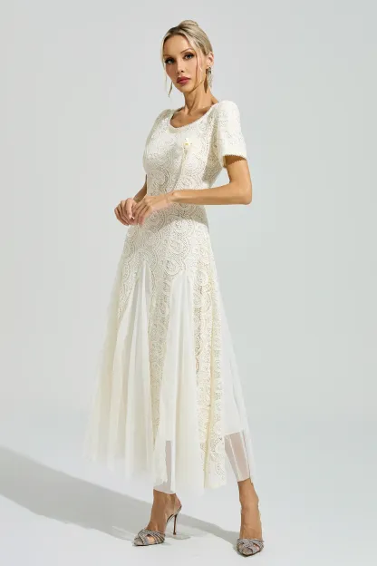 Malraux Apricot French Lace Mesh Maxi Dress