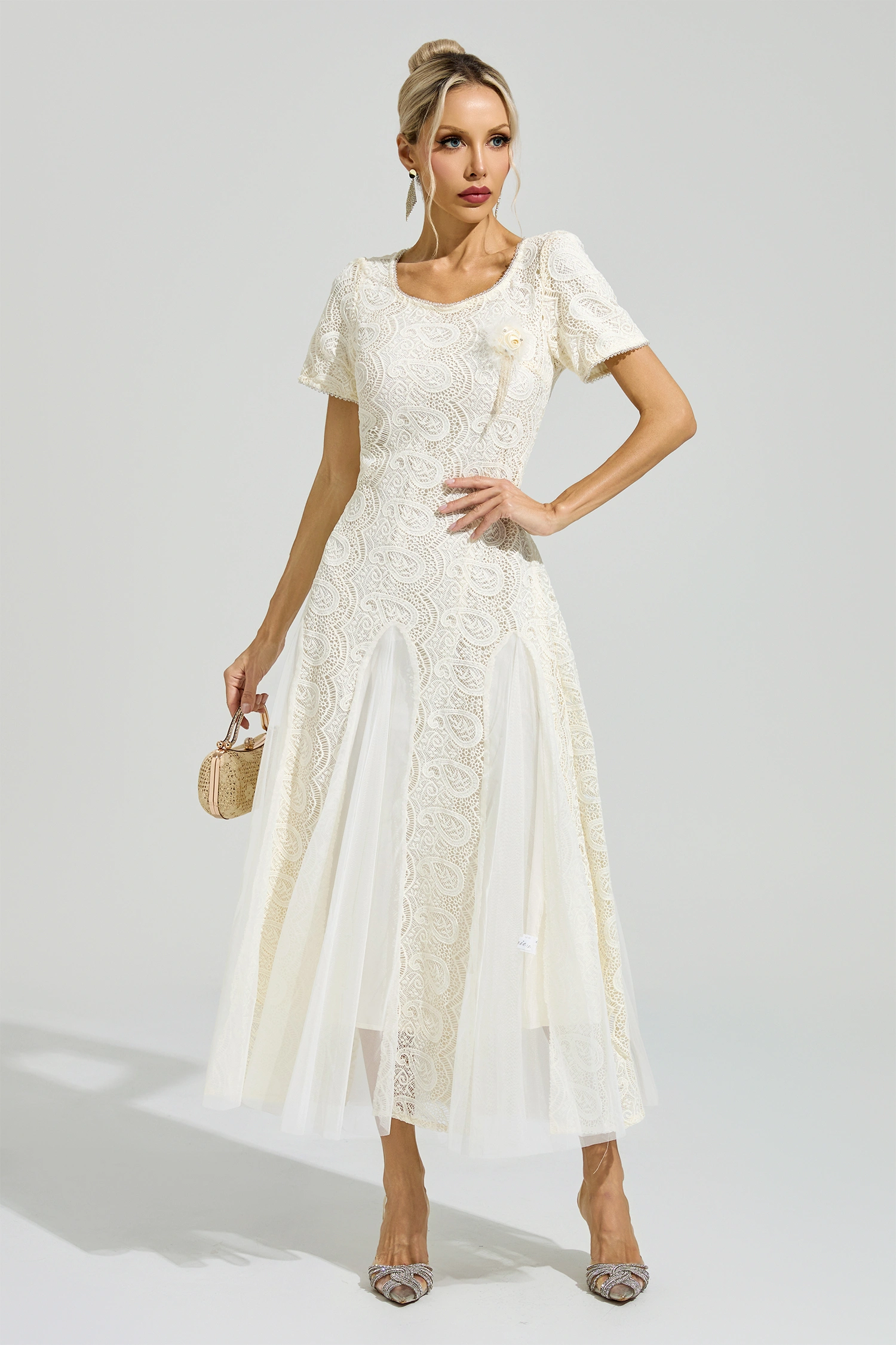 Malraux Apricot French Lace Mesh Maxi Dress