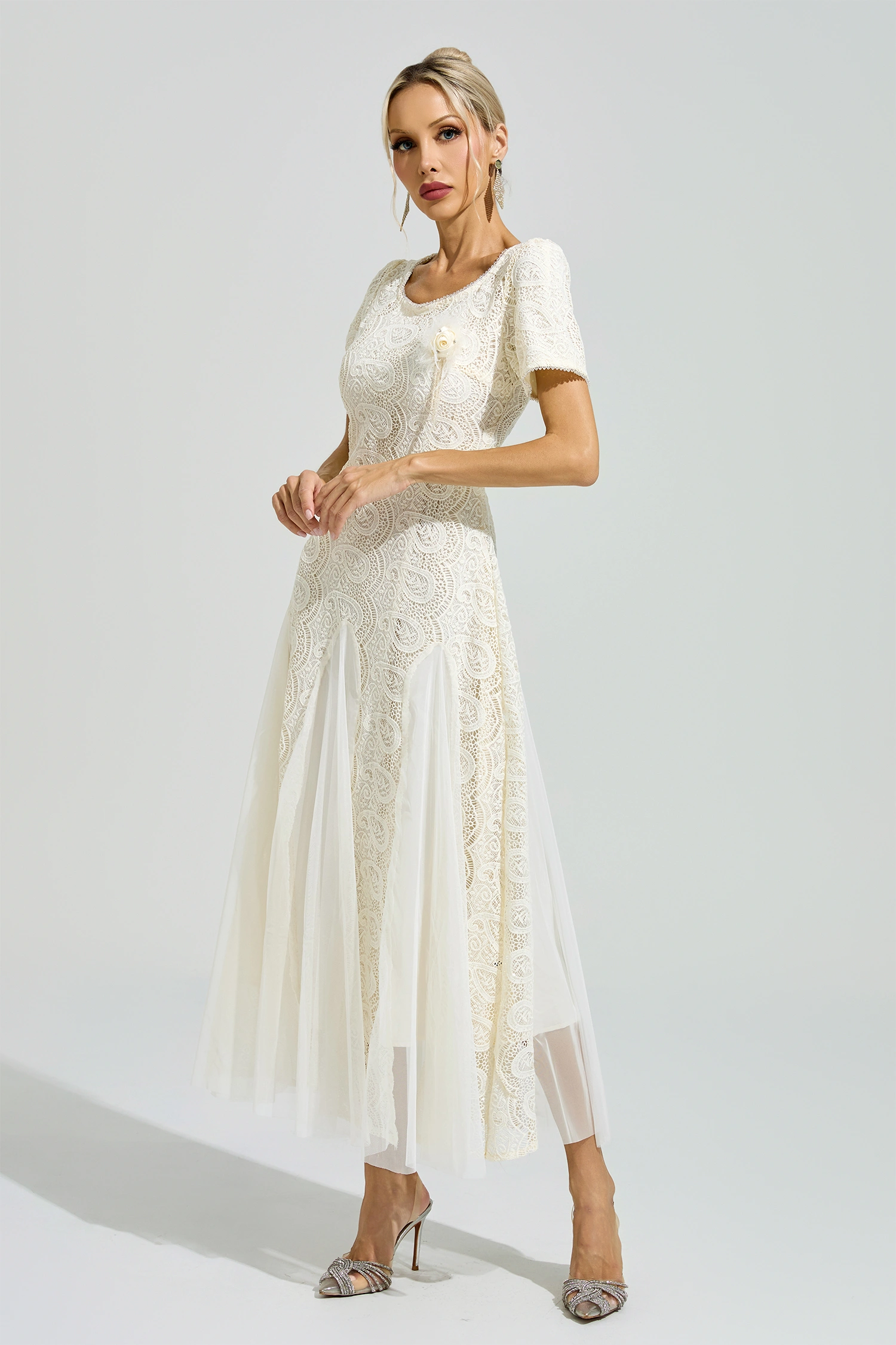 Malraux Apricot French Lace Mesh Maxi Dress
