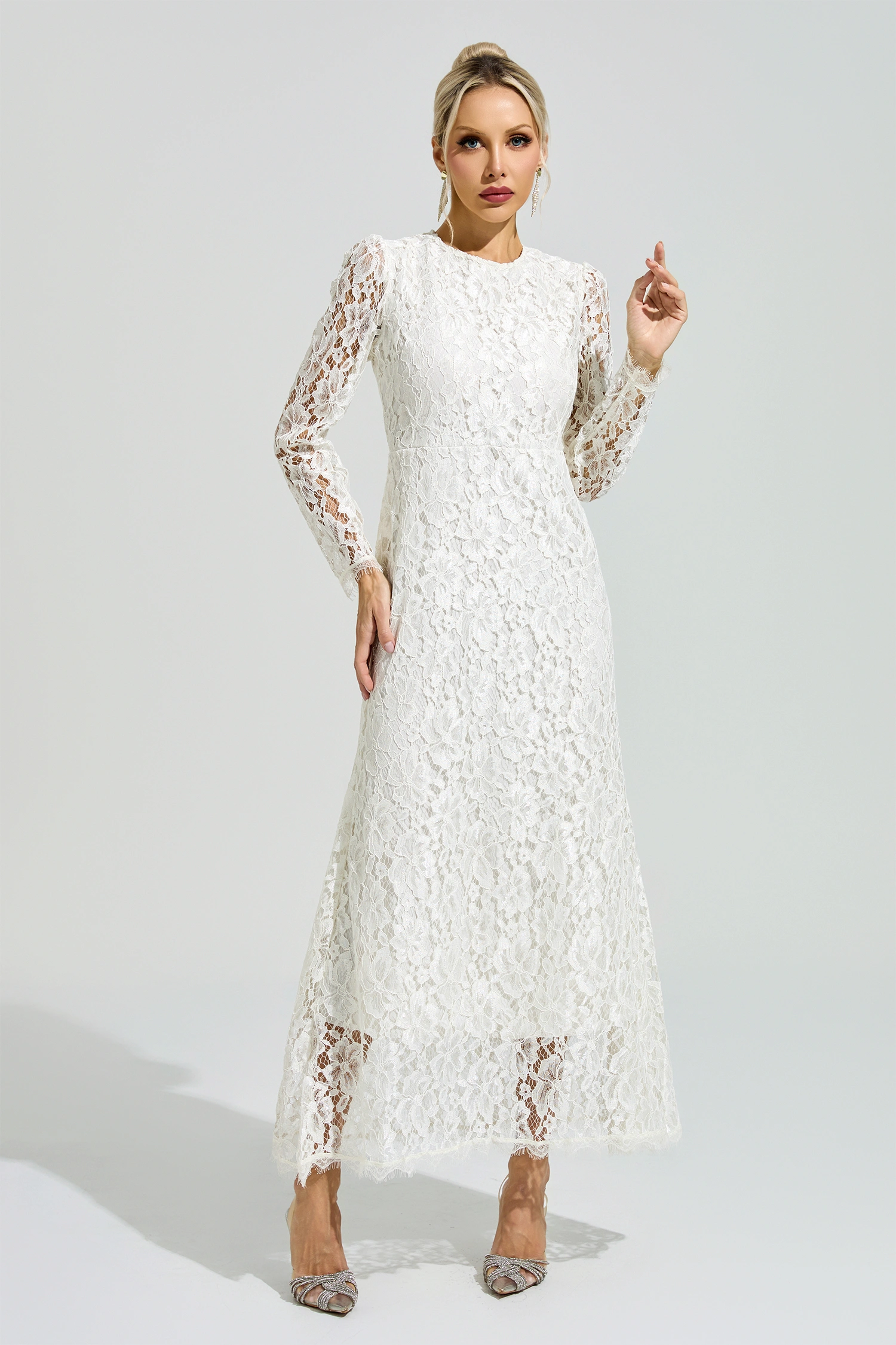 Basquiat White Long Sleeve Lace Maxi Dress