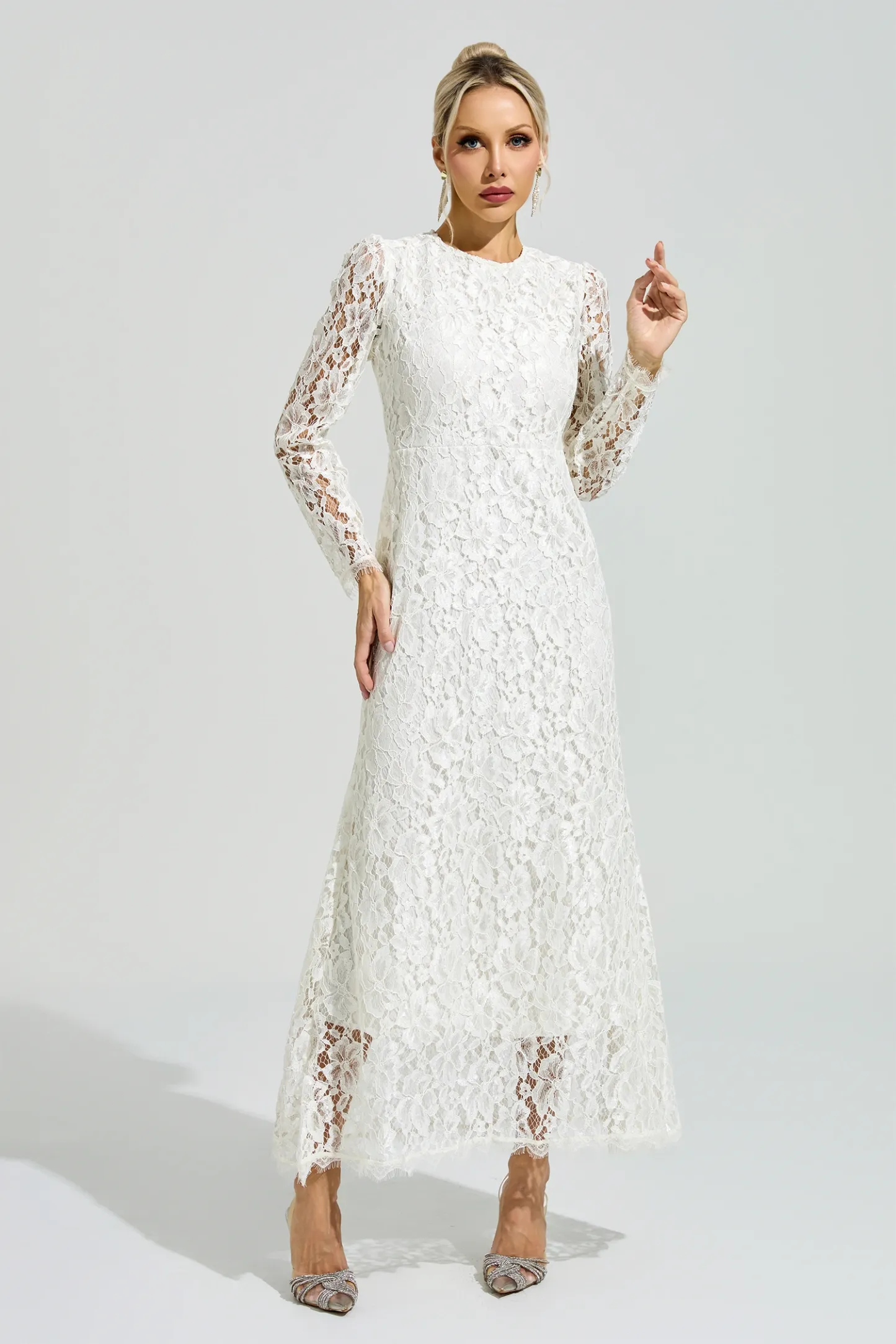 Basquiat White Long Sleeve Lace Maxi Dress