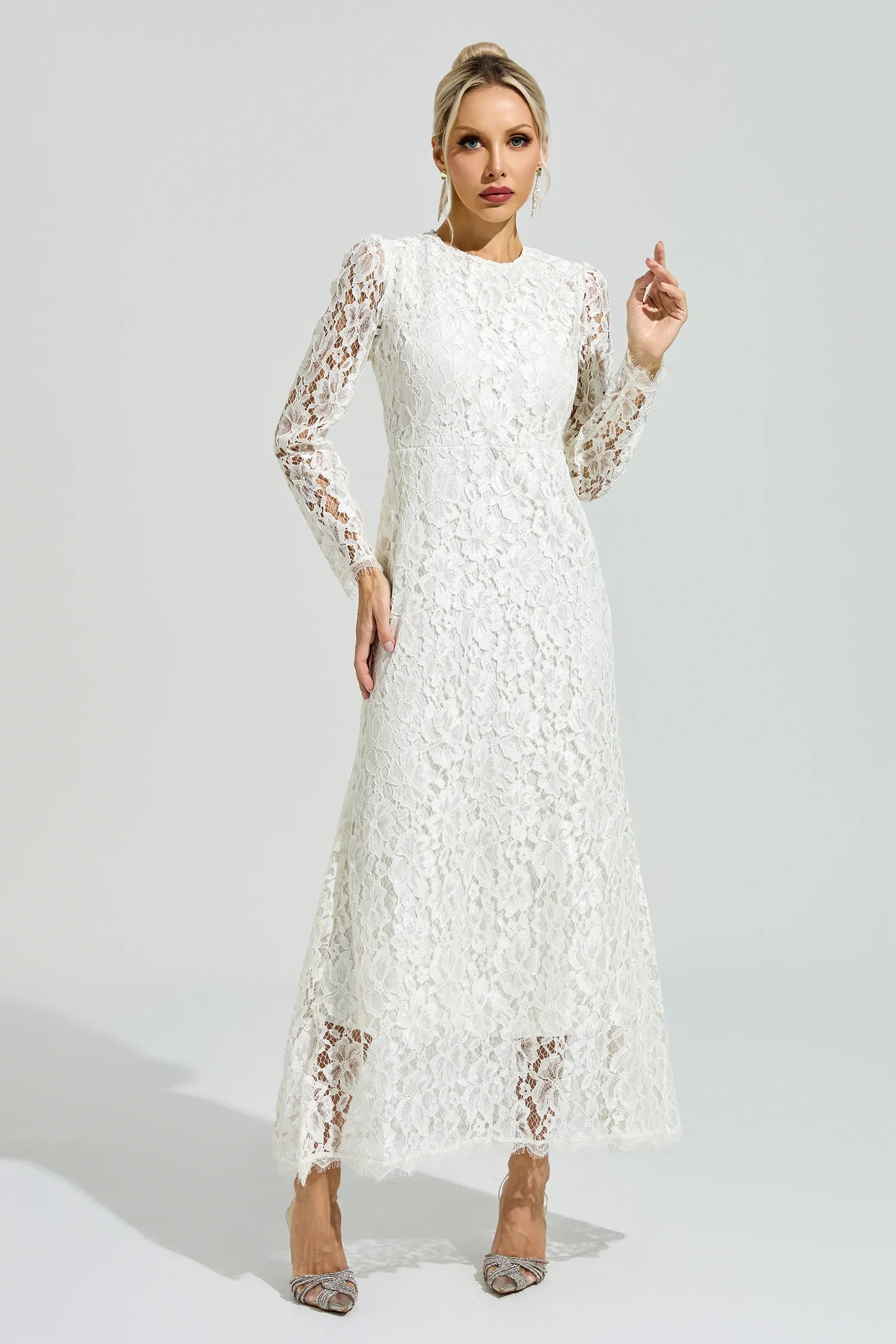 Basquiat White Long Sleeve Lace Maxi Dress