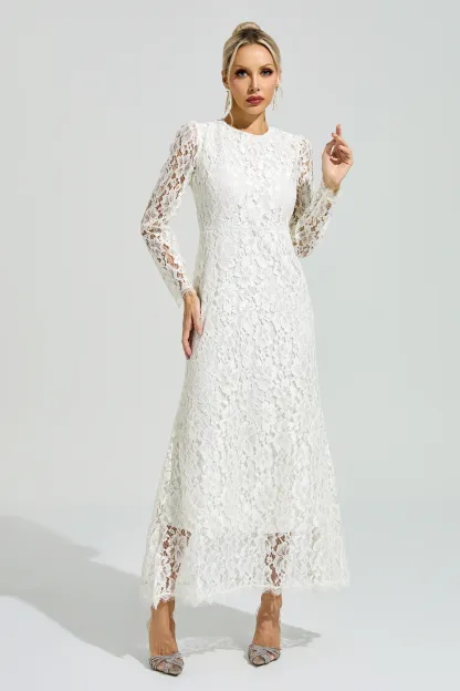 Basquiat White Long Sleeve Lace Maxi Dress