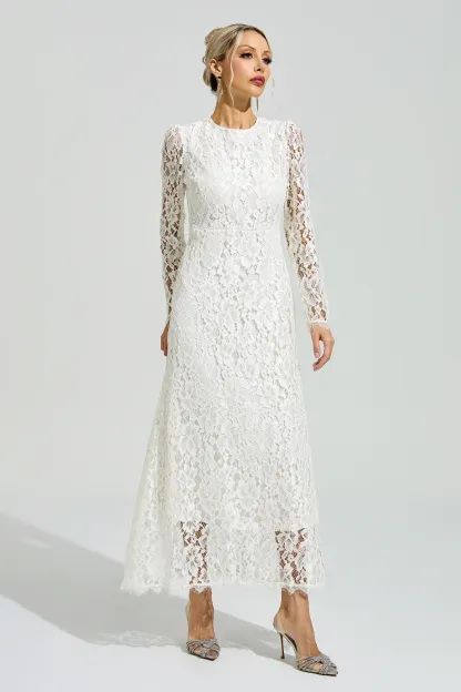 Basquiat White Long Sleeve Lace Maxi Dress