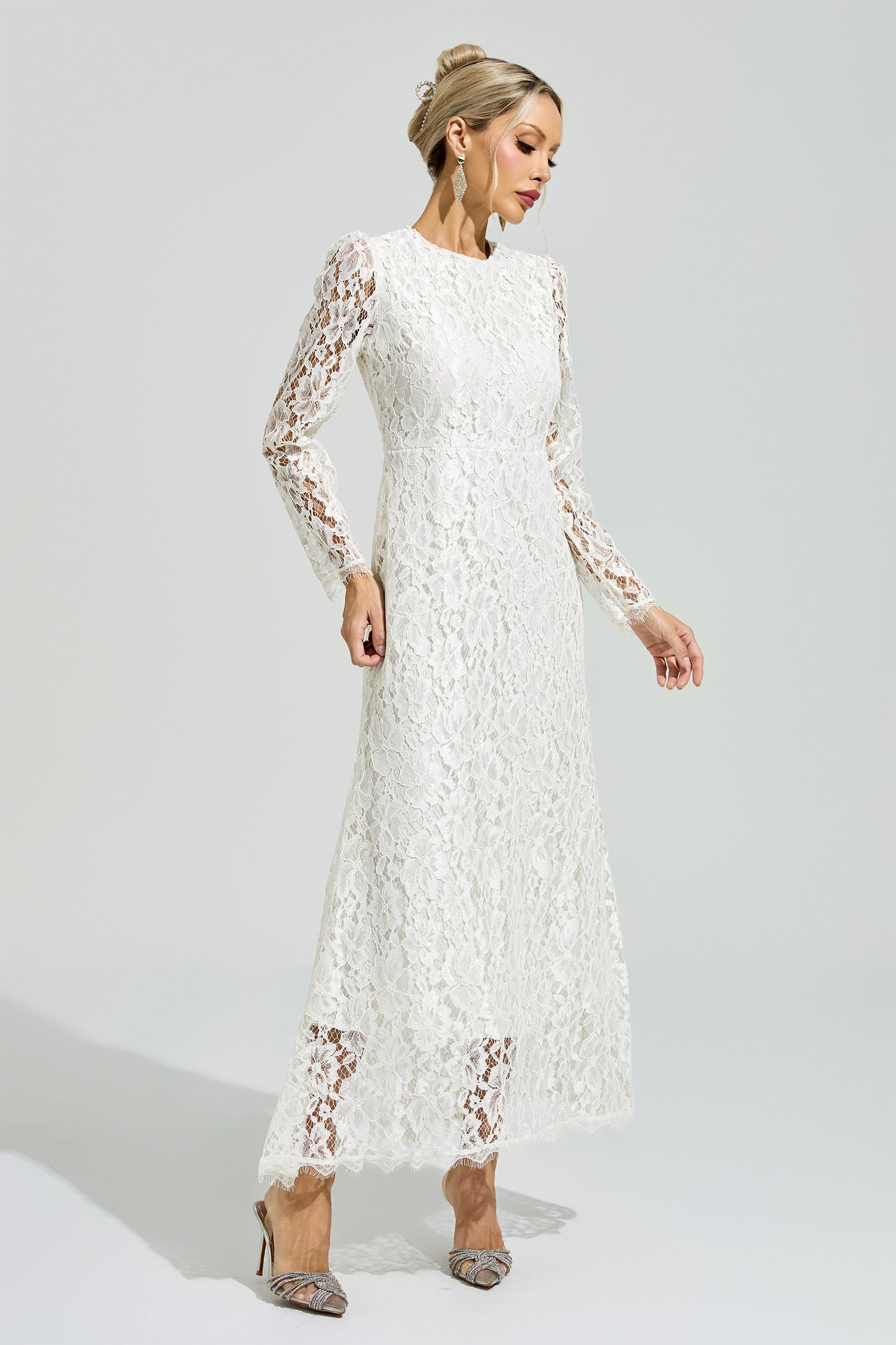 Basquiat White Long Sleeve Lace Maxi Dress