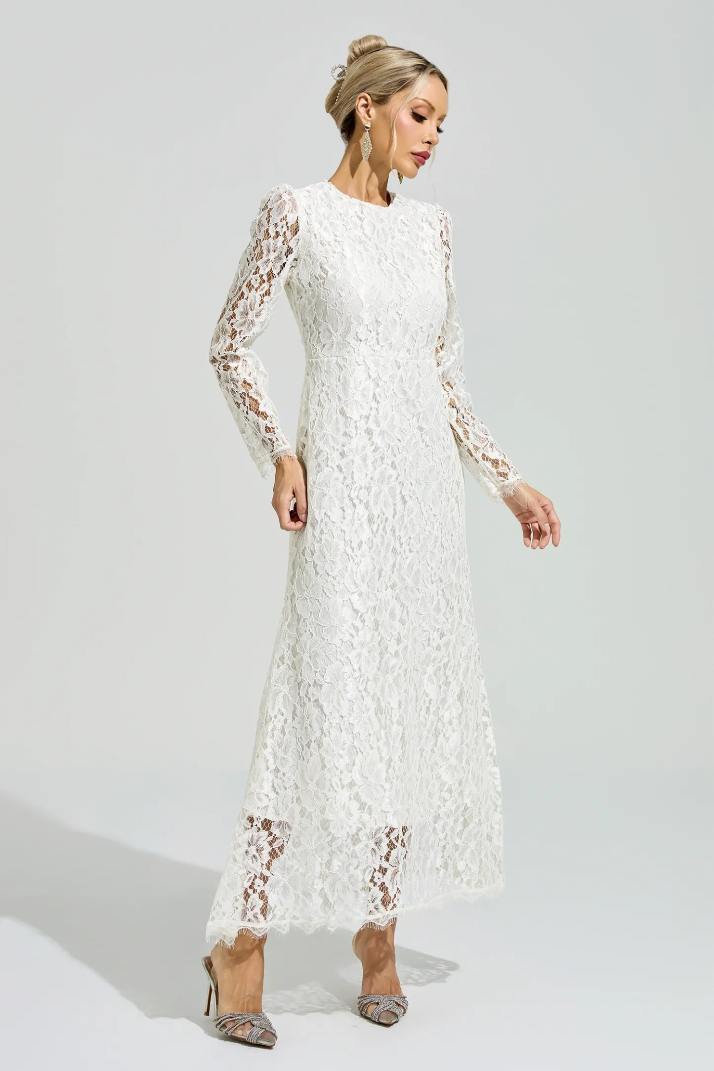 Basquiat White Long Sleeve Lace Maxi Dress