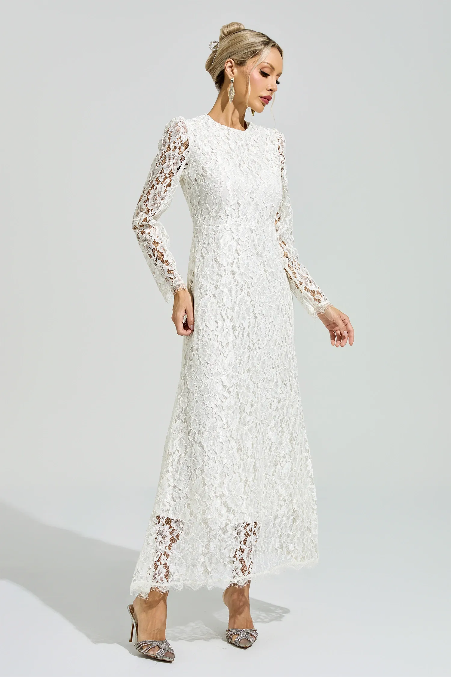 Basquiat White Long Sleeve Lace Maxi Dress