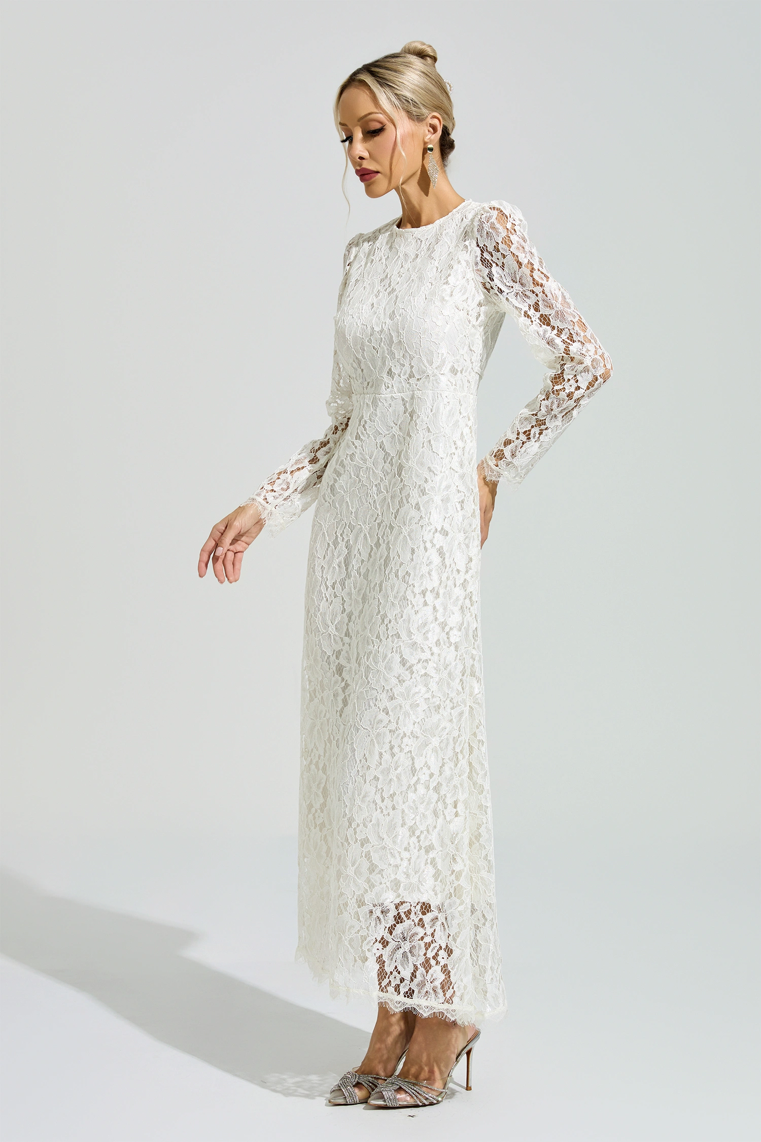Basquiat White Long Sleeve Lace Maxi Dress