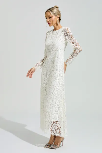 Basquiat White Long Sleeve Lace Maxi Dress
