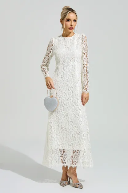Basquiat White Long Sleeve Lace Maxi Dress