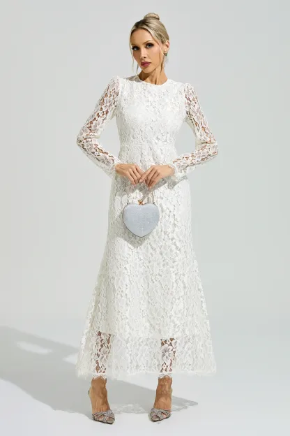 Basquiat White Long Sleeve Lace Maxi Dress