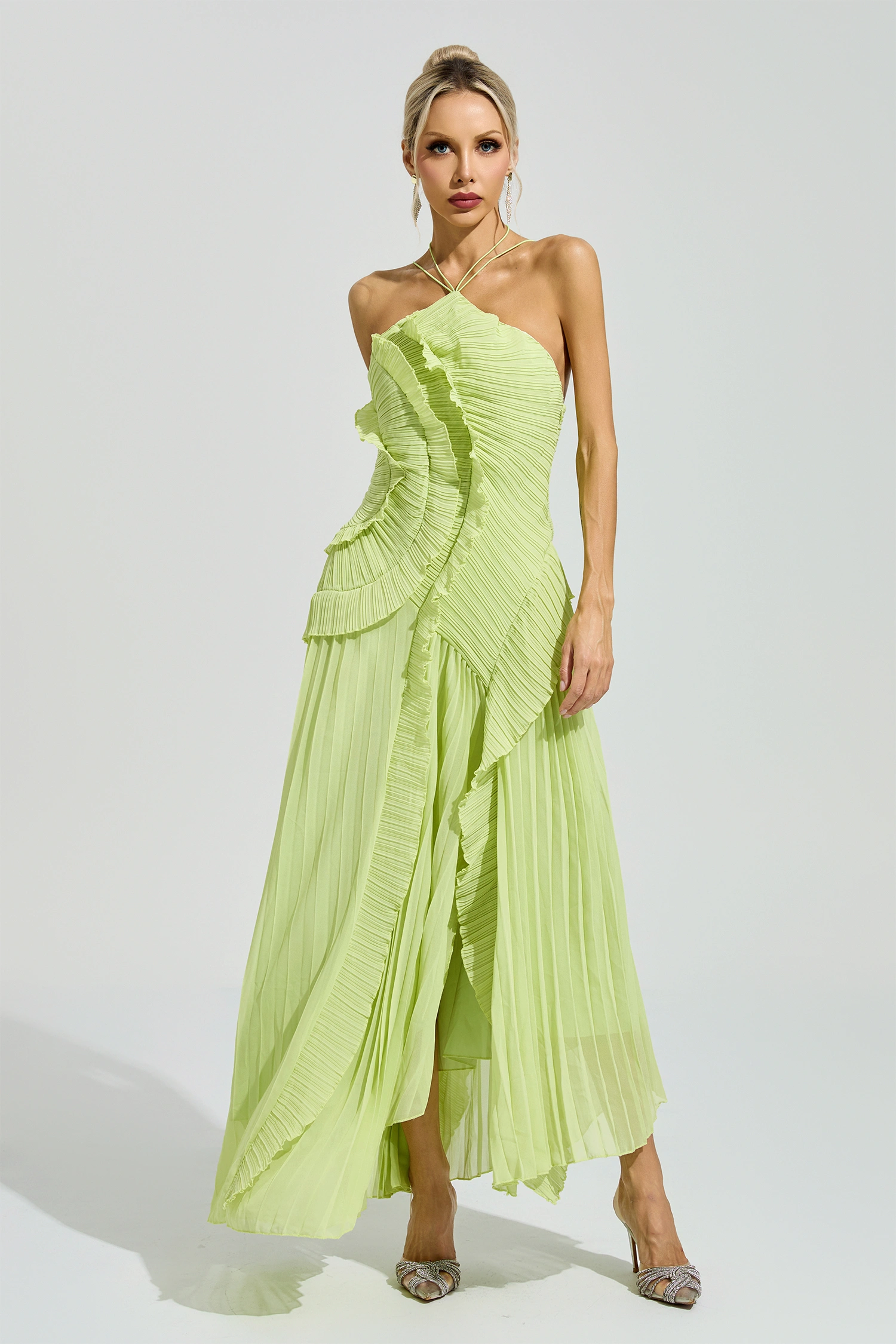 Lynd Green Asymmetric Pleated Halter Dress