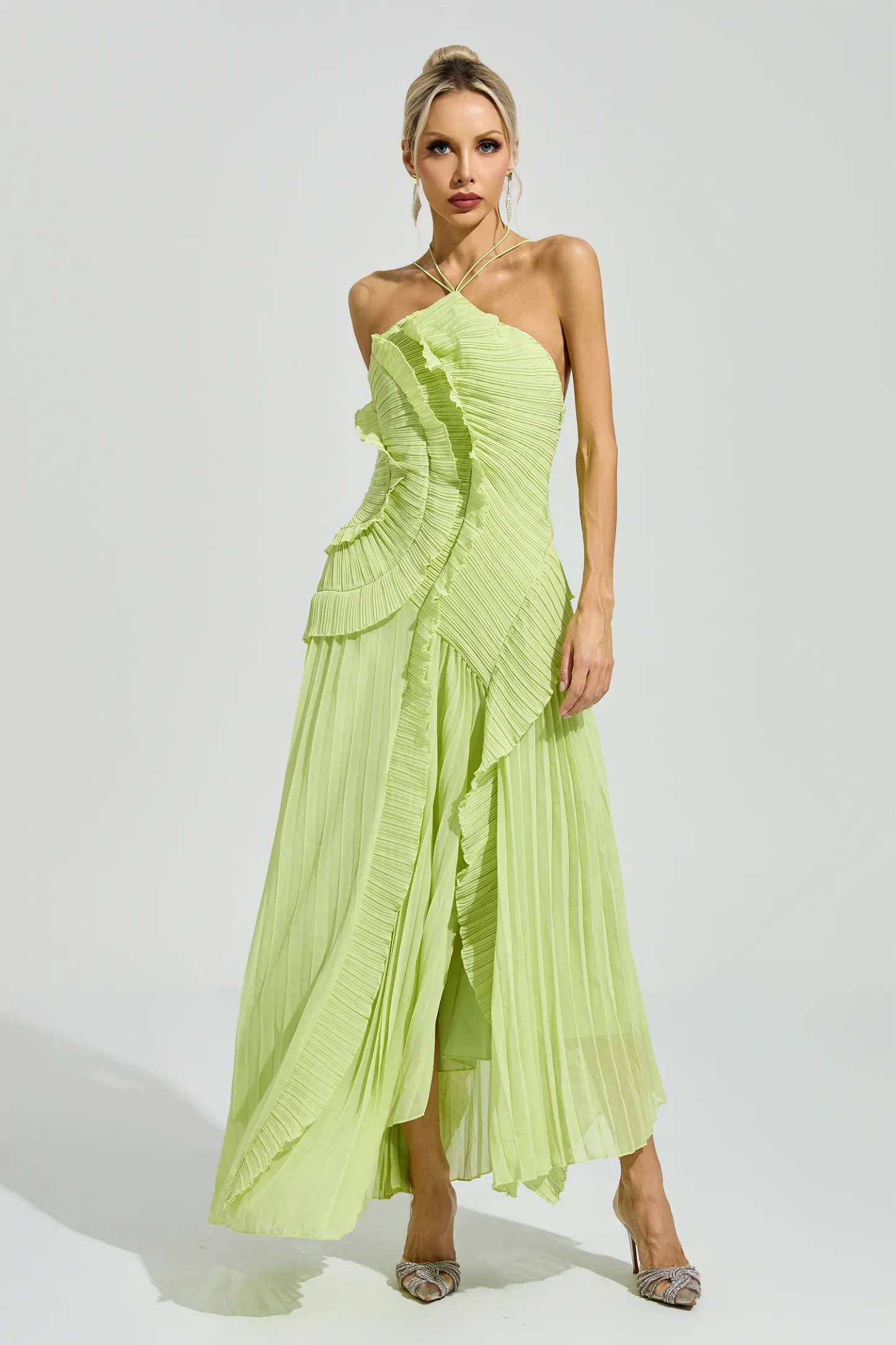 Lynd Green Asymmetric Pleated Halter Dress
