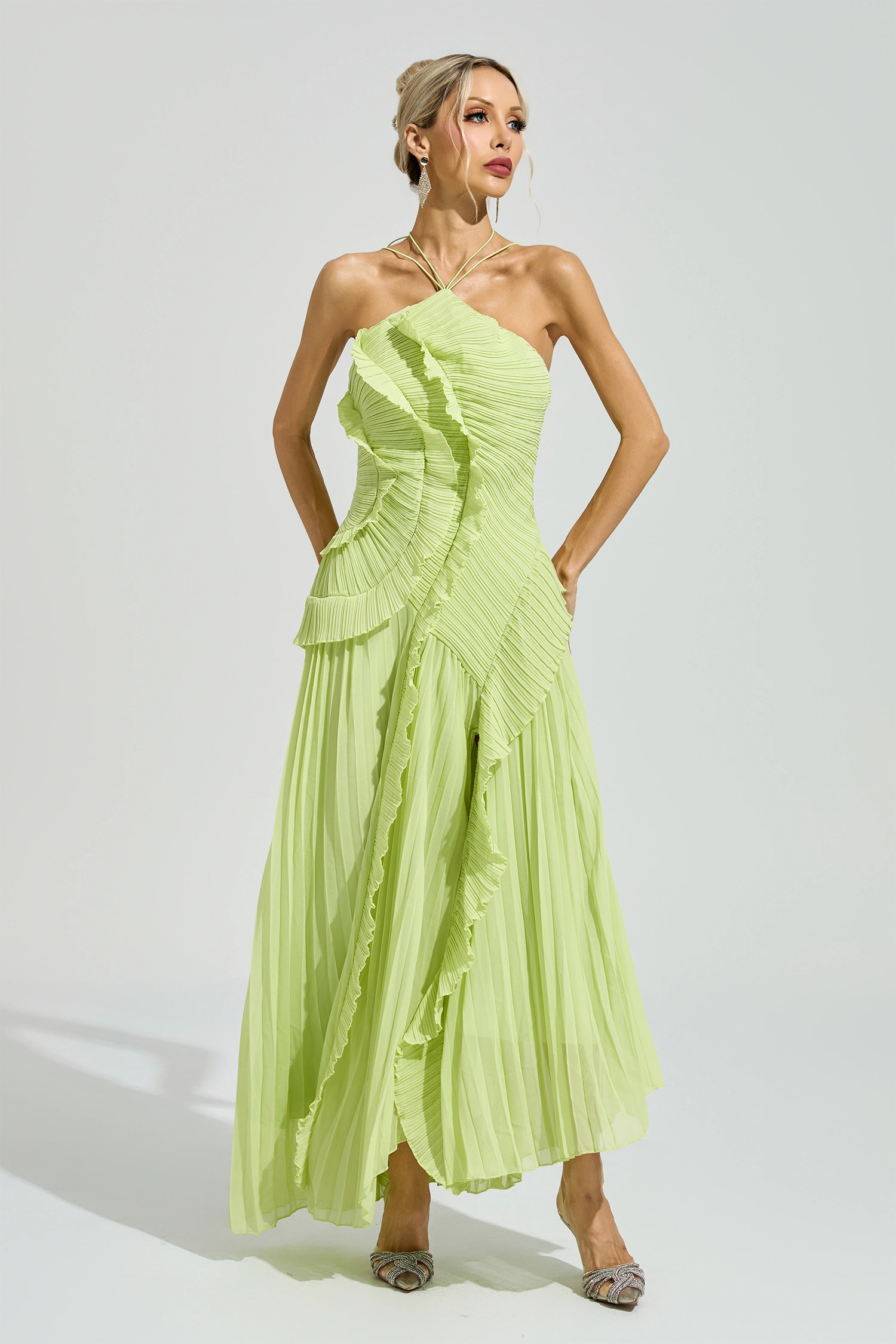 Lynd Green Asymmetric Pleated Halter Dress