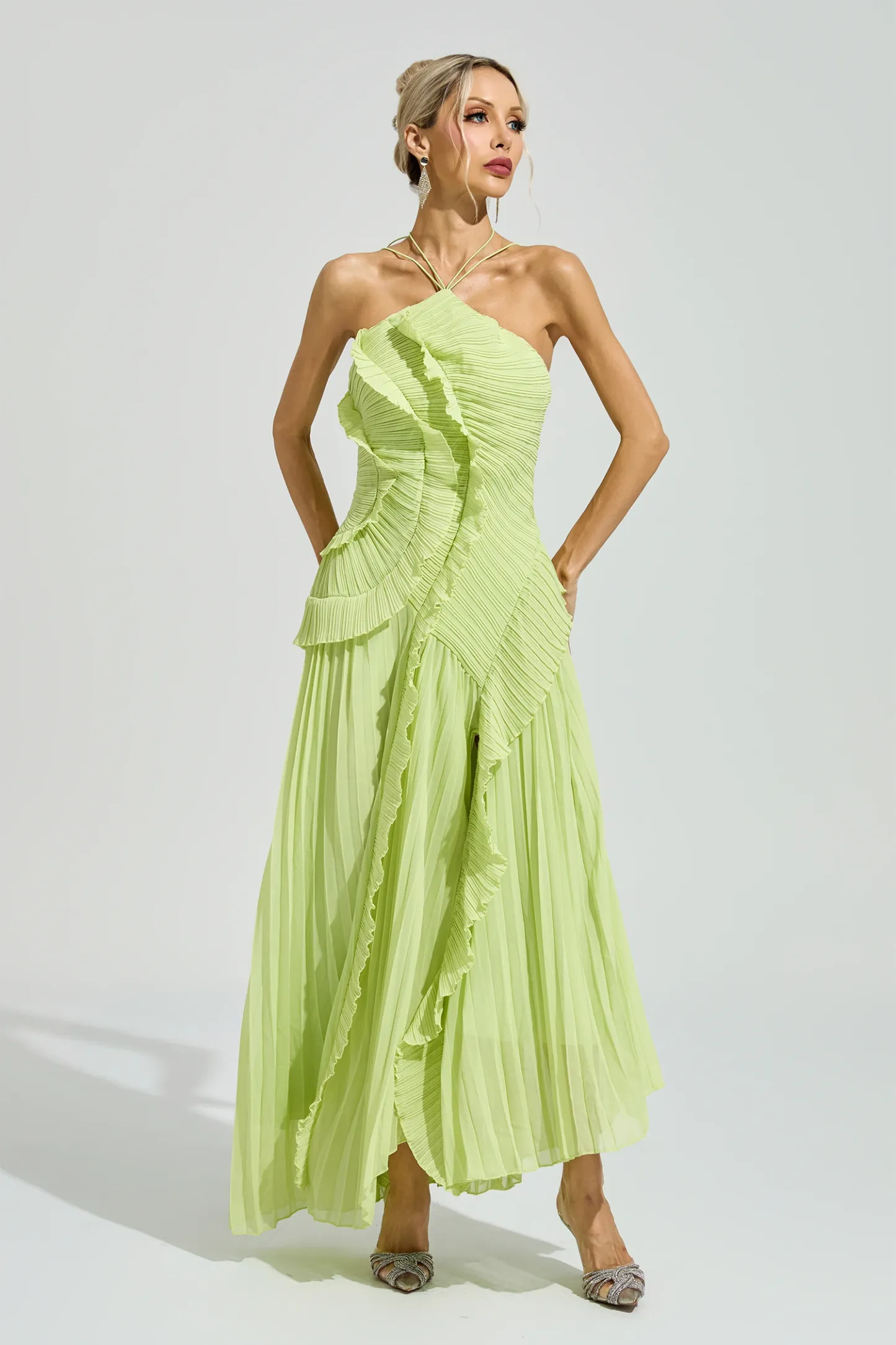 Lynd Green Asymmetric Pleated Halter Dress