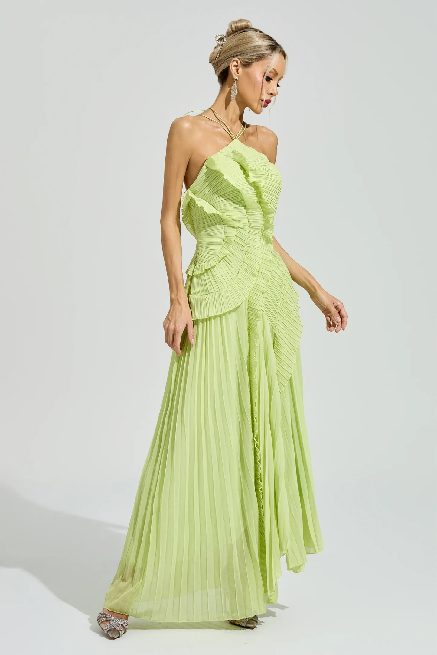 Lynd Green Asymmetric Pleated Halter Dress
