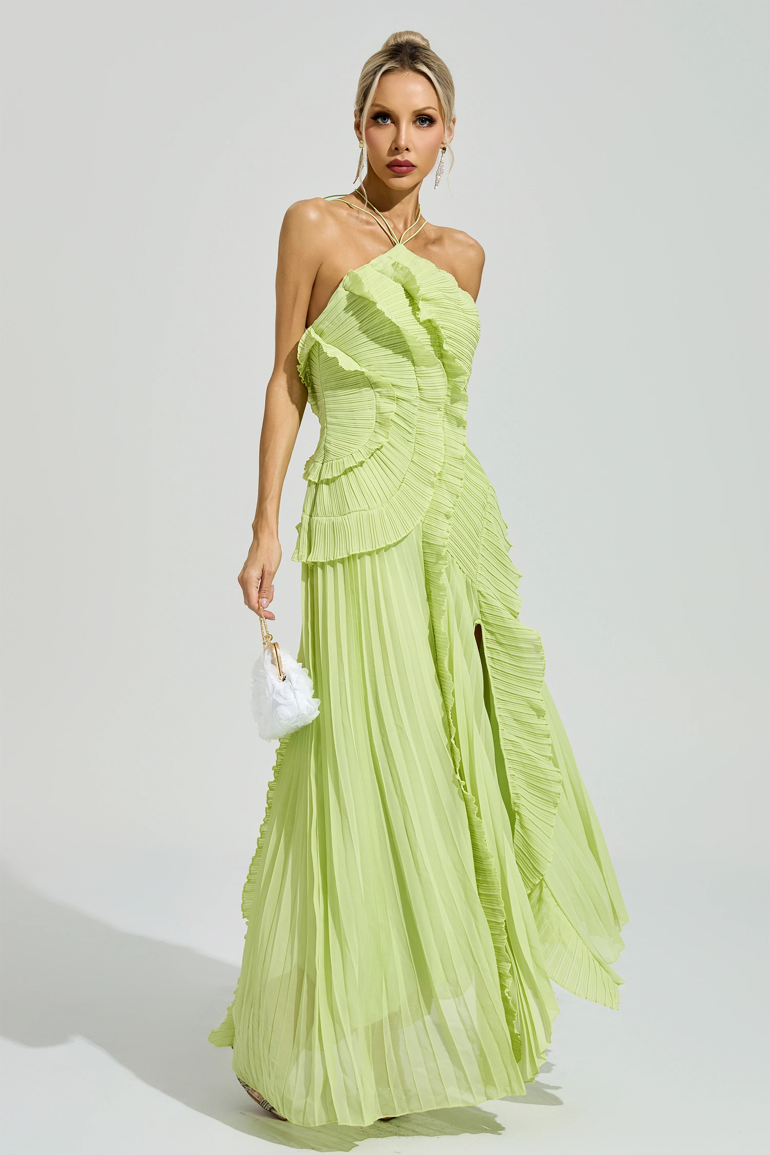 Lynd Green Asymmetric Pleated Halter Dress